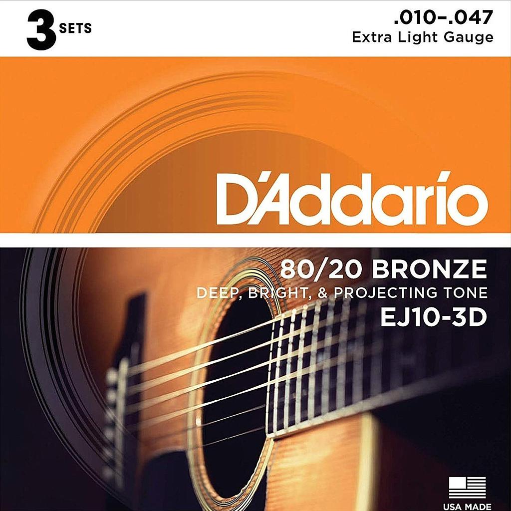 Encordoamento Violao Aço Daddario EJ10-3D 010 kit 3 Unidades